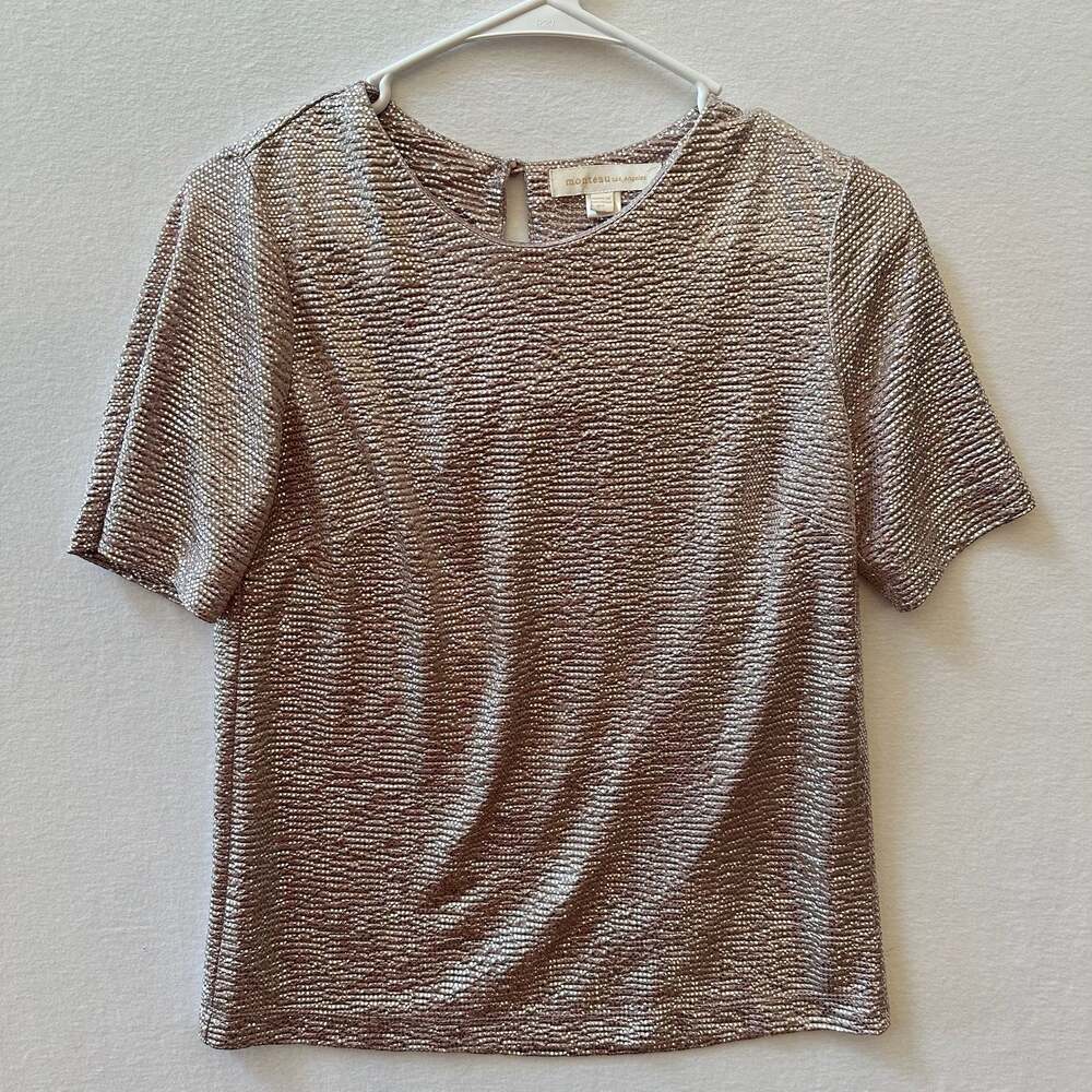 Monteau Los Angeles Metallic Rose Gold Textured Short Sleeve Top M